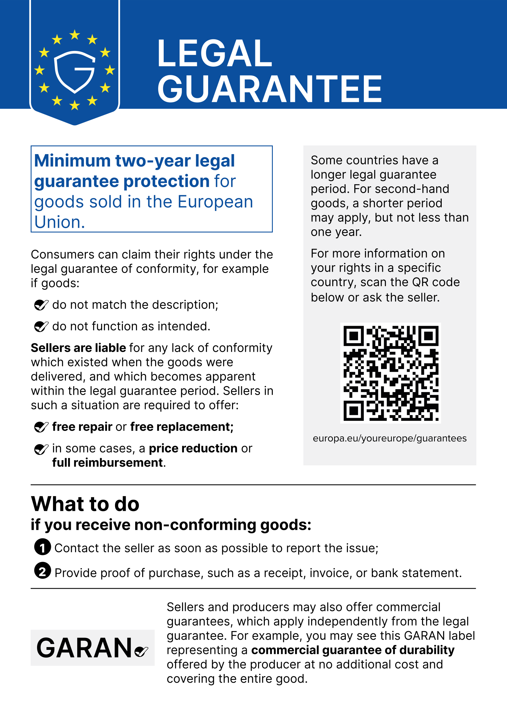 EU notice: Legal guarantee – minimum two years for goods sold in the EU